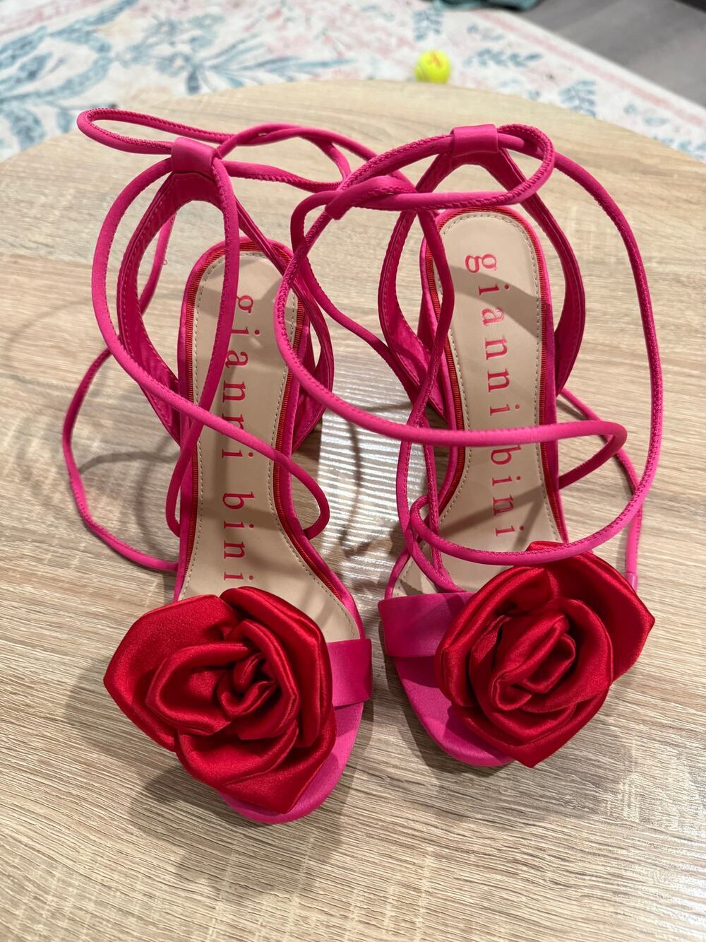 Gianni Bini Dakota Satin Flower Ankle Wrap Dress Sandals pink babricore size 7.5